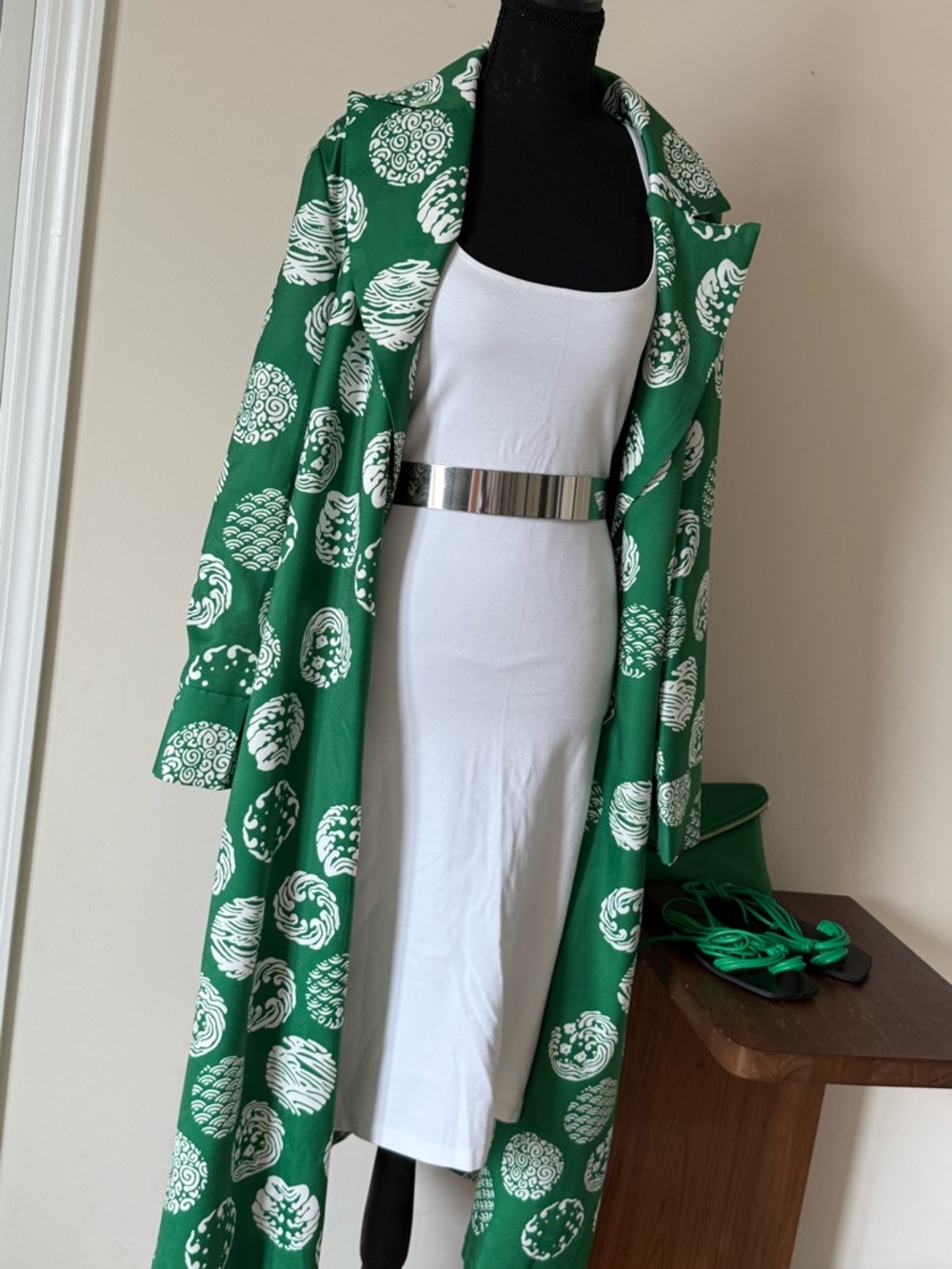 Green Printed Maxi Coat w/White Motifs (L) + White Dress + Sandals & Clutch Set